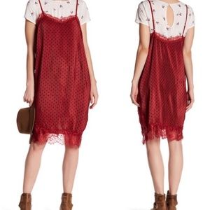 NEW Free People Polka Dot Lace Trim Slip Dress RED